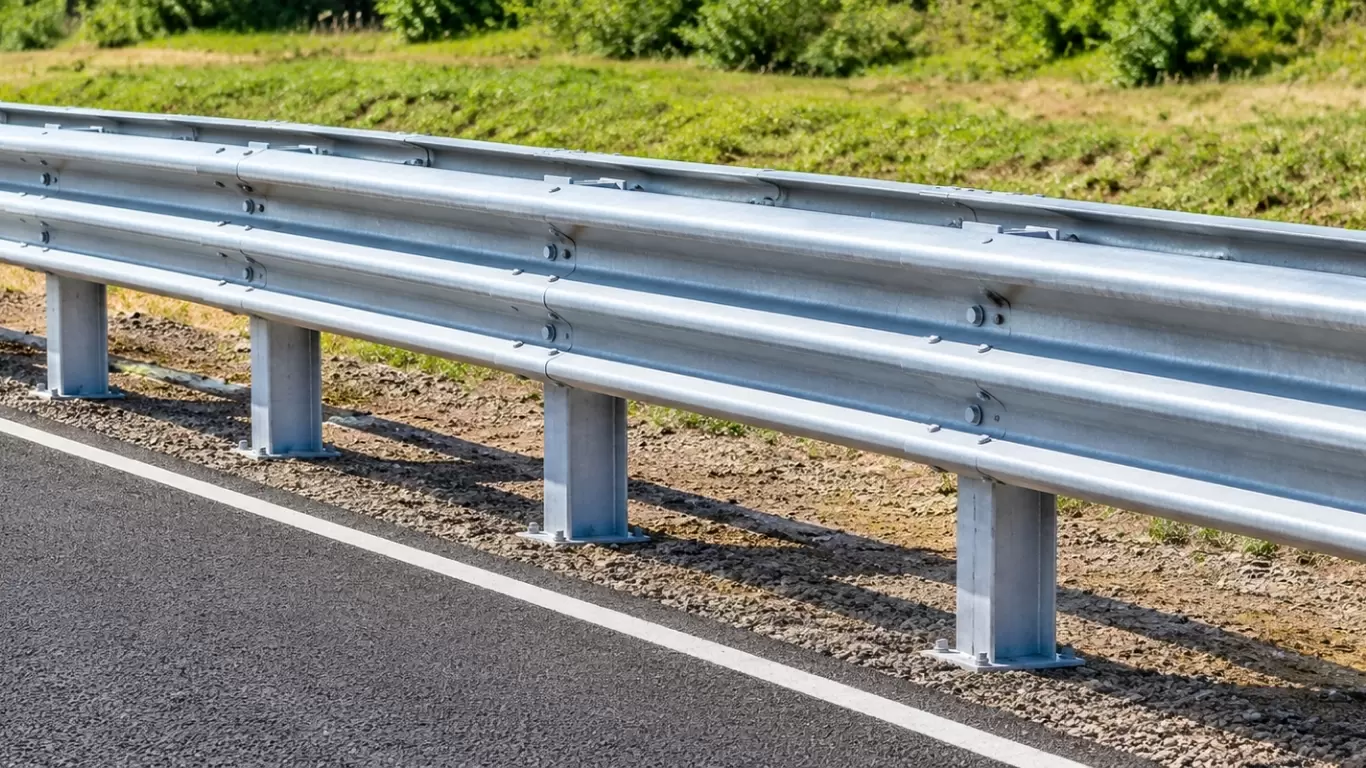 W-beam crash barrier mounted on channel posts beside the road