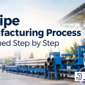 GI pipe manufacturing process showing galvanized steel pipes in an industrial factory with Jindal Supreme branding