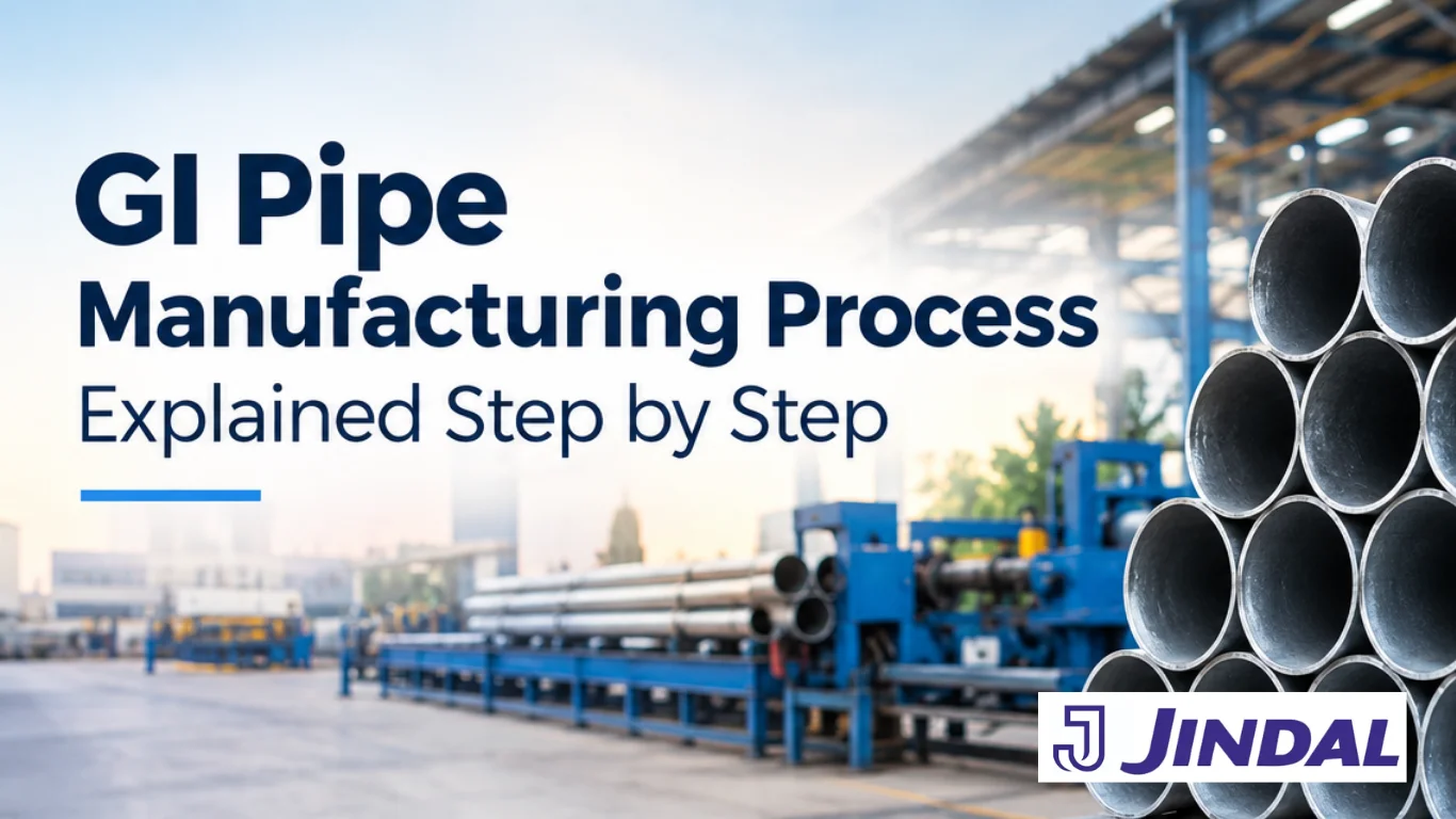 GI pipe manufacturing process showing galvanized steel pipes in an industrial factory with Jindal Supreme branding