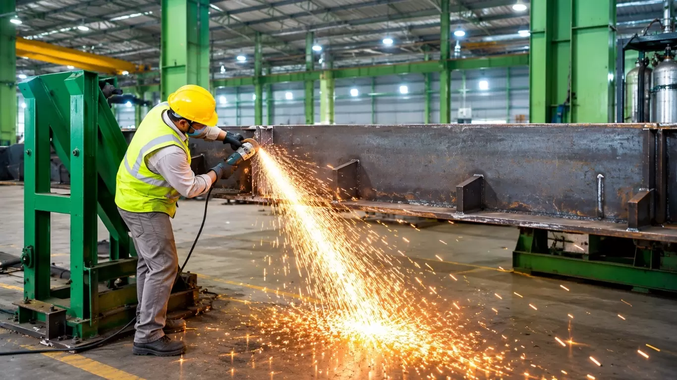 Worker fabricating GI pole at Jindal Supreme factory