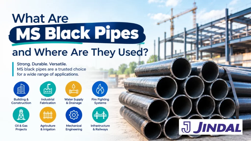 MS black pipes stacked at a construction site showing applications in building, industrial fabrication, water supply, fire fighting, oil and gas, agriculture, and infrastructure