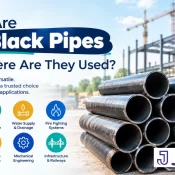 MS black pipes stacked at a construction site showing applications in building, industrial fabrication, water supply, fire fighting, oil and gas, agriculture, and infrastructure